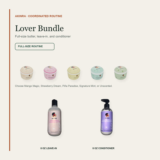 Akinra Lover Bundle with five butter scent choices, 8 oz leave-in, and 8 oz conditioner