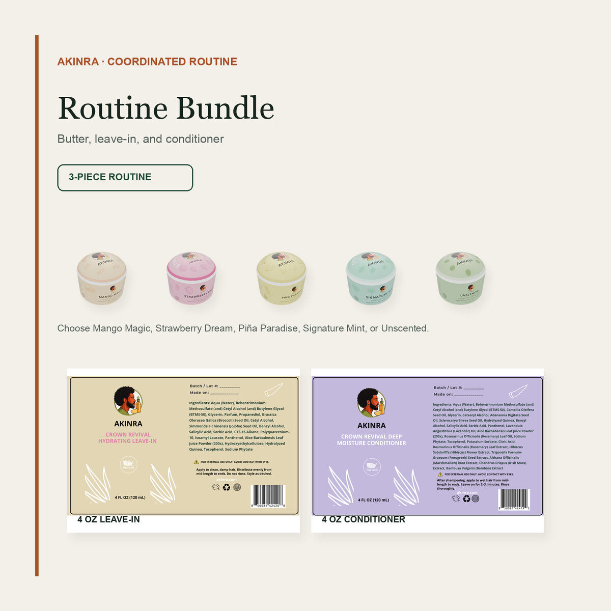 Akinra Routine Bundle with five butter scent choices, 4 oz leave-in, and 4 oz conditioner
