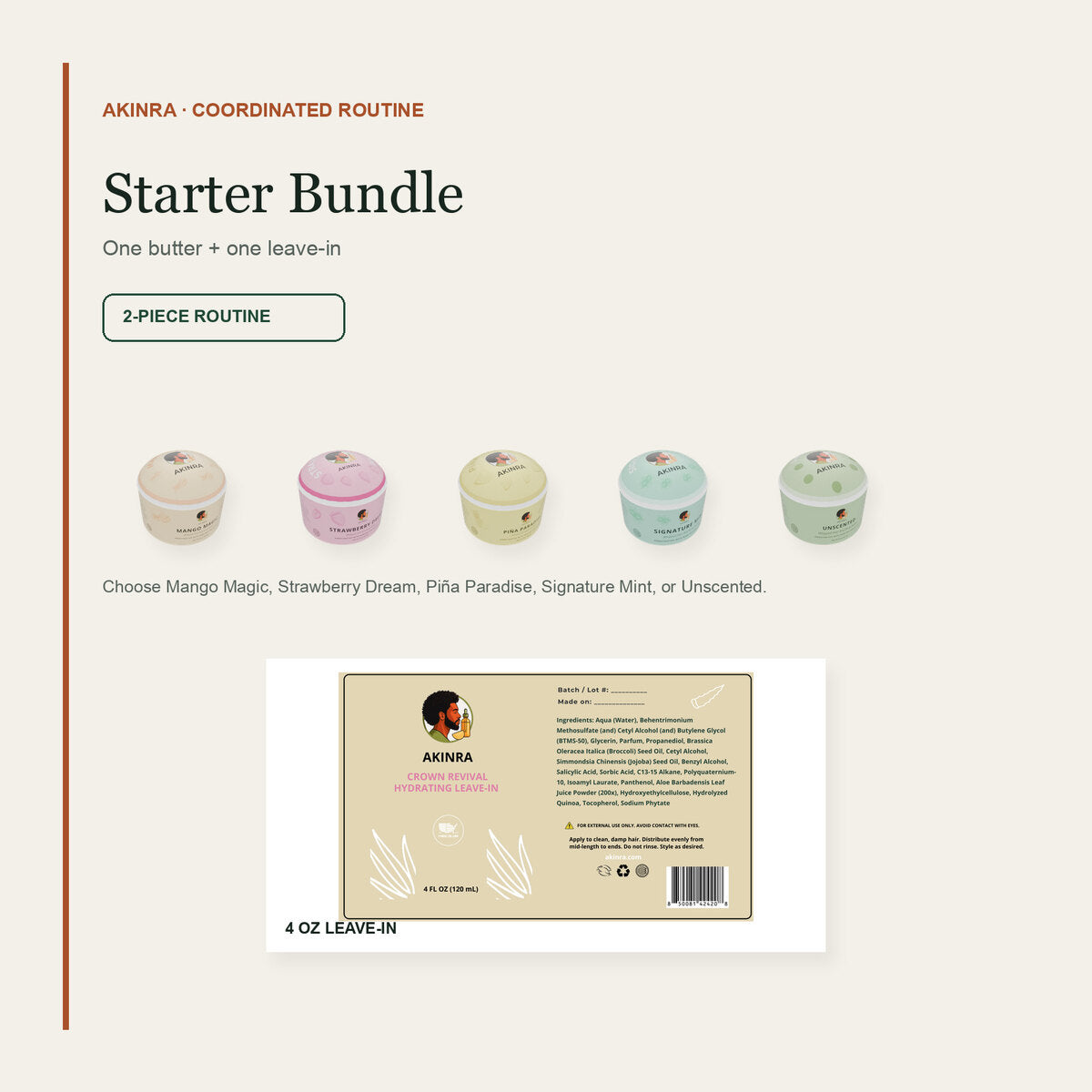 Akinra Starter Bundle with five butter scent choices and a 4 oz leave-in