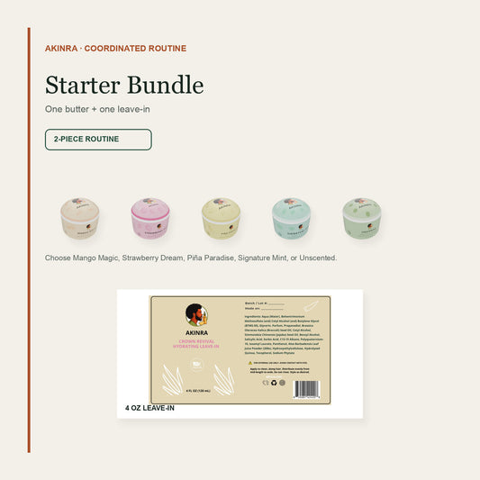 Akinra Starter Bundle with five butter scent choices and a 4 oz leave-in